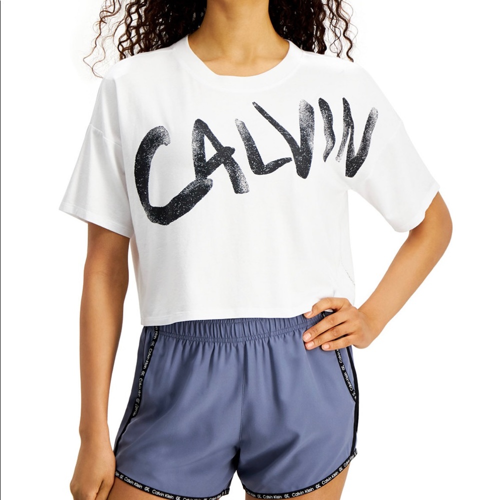 Calvin Klein Performance Brushed-Logo Relaxed Cropped T-Shirt